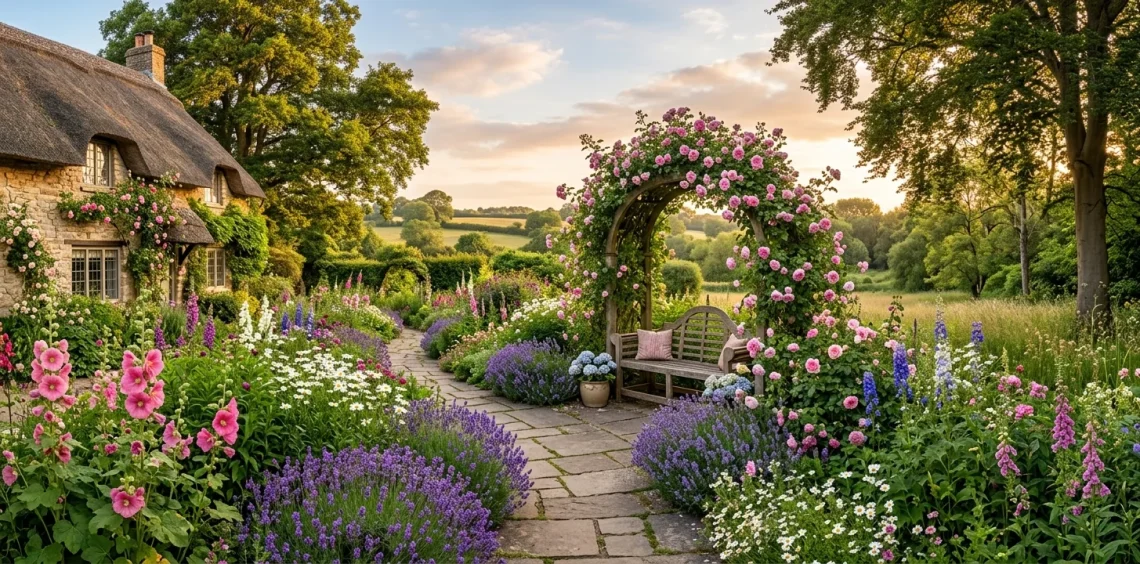 Panoramic view of a lush English cottage backyard with a stone path and blooming wildflowers.