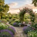 Panoramic view of a lush English cottage backyard with a stone path and blooming wildflowers.