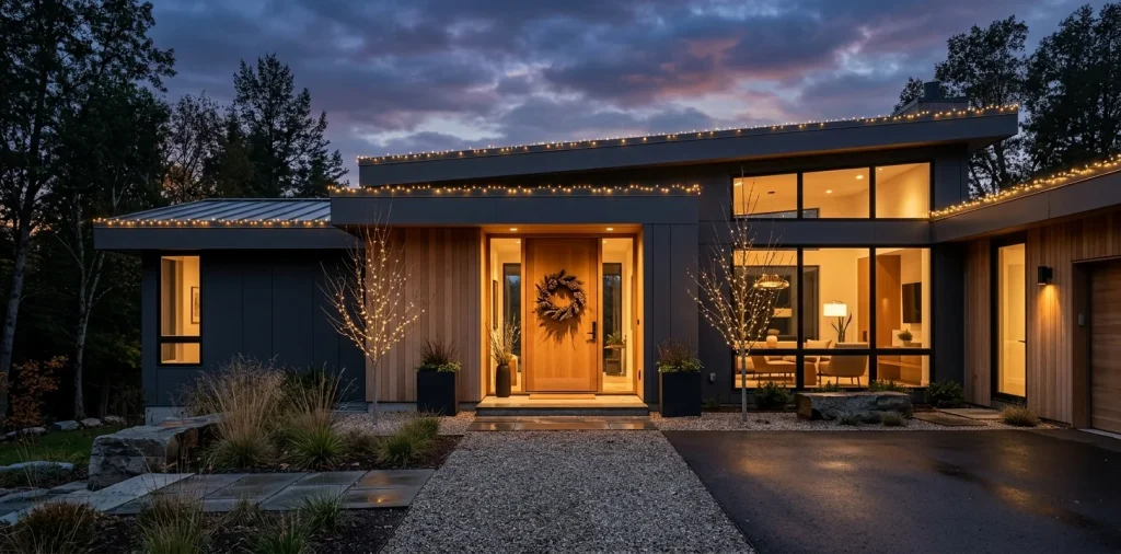Minimalist outdoor Christmas decorations enhancing a modern home's curb appeal at dusk.