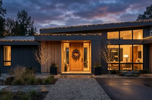Minimalist outdoor Christmas decorations enhancing a modern home's curb appeal at dusk.