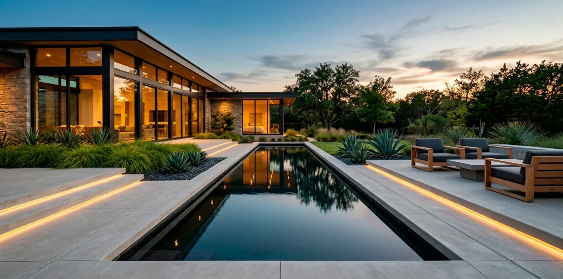 A wide view of a modern minimalist backyard pond with clean concrete edges and calm dark water reflecting the sky.