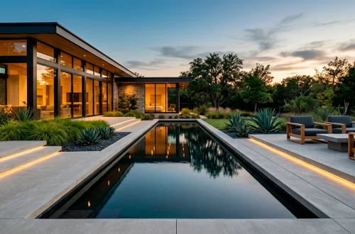 A wide view of a modern minimalist backyard pond with clean concrete edges and calm dark water reflecting the sky.