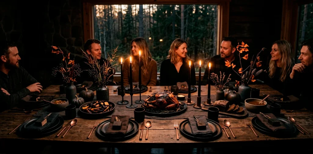 Scandi-Noir Thanksgiving tablescape featuring matte black ceramics, dark linens, and glowing beeswax candles in a moody dining room.