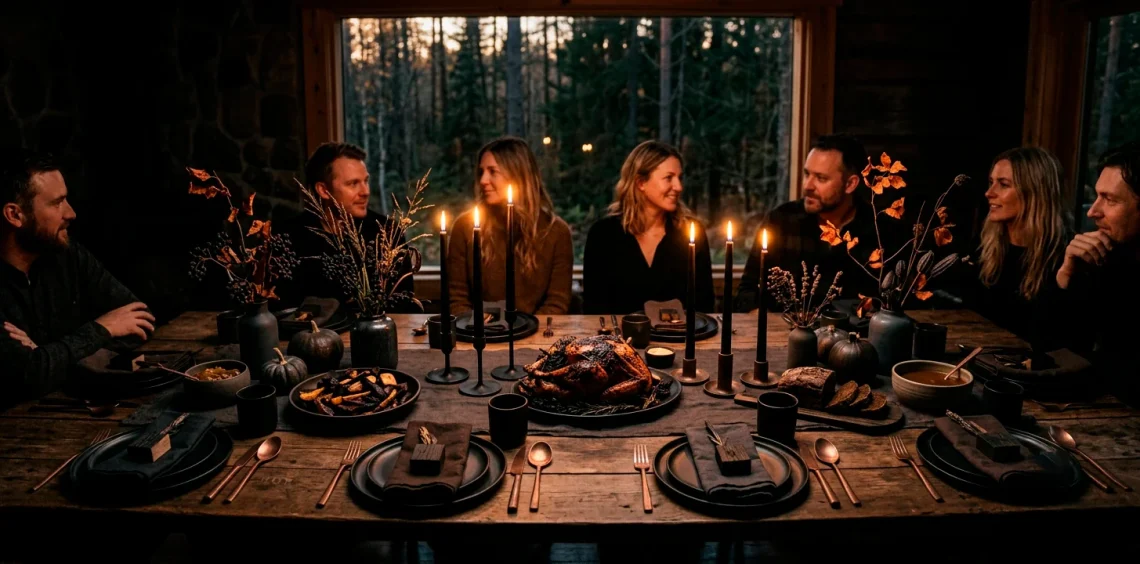 Scandi-Noir Thanksgiving tablescape featuring matte black ceramics, dark linens, and glowing beeswax candles in a moody dining room.