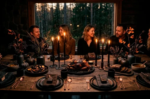 Scandi-Noir Thanksgiving tablescape featuring matte black ceramics, dark linens, and glowing beeswax candles in a moody dining room.