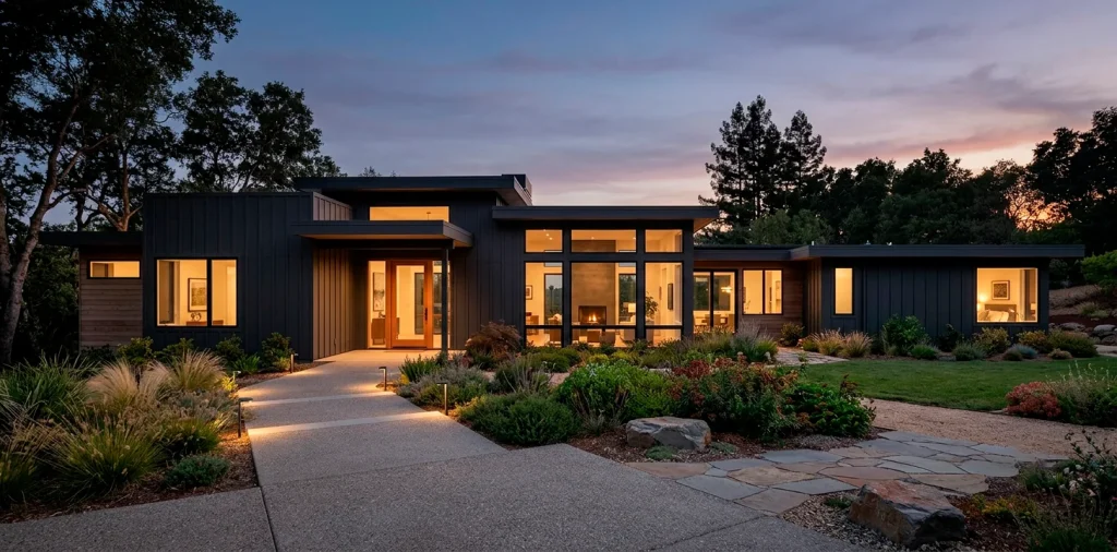 Modern home exterior featuring dark moody board and batten siding at dusk with warm lighting.