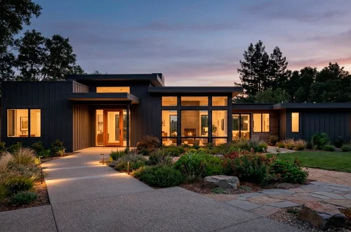 Modern home exterior featuring dark moody board and batten siding at dusk with warm lighting.