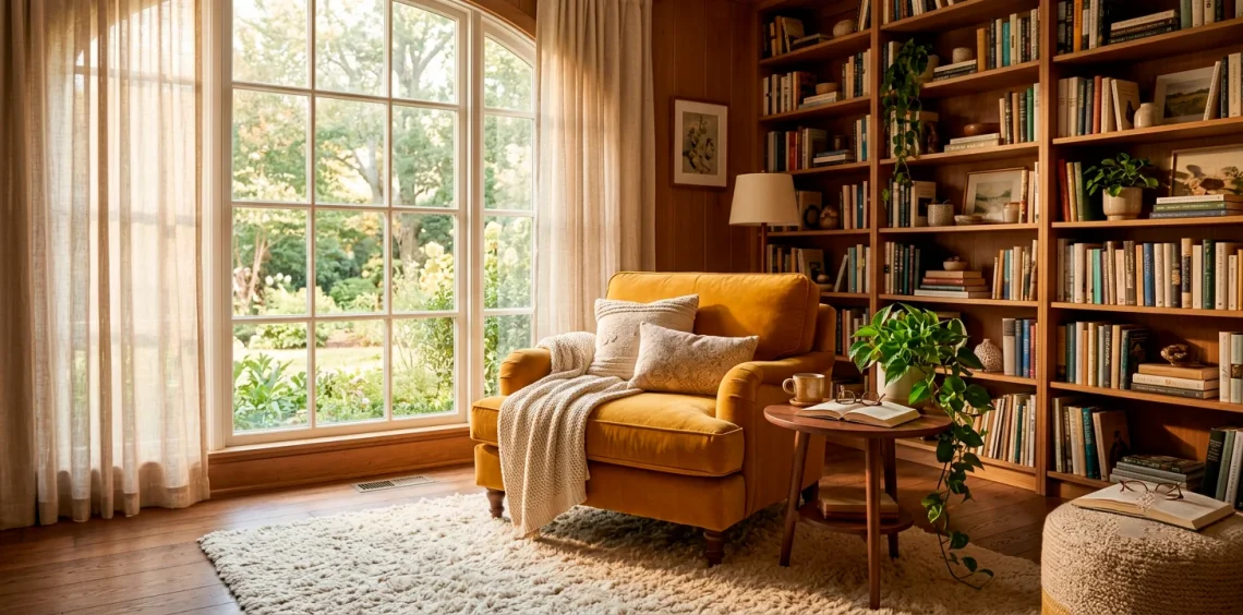 Wide view of a cozy reading nook featuring a mustard yellow armchair, wooden bookshelf, and warm sunlight filtering through sheer curtains.