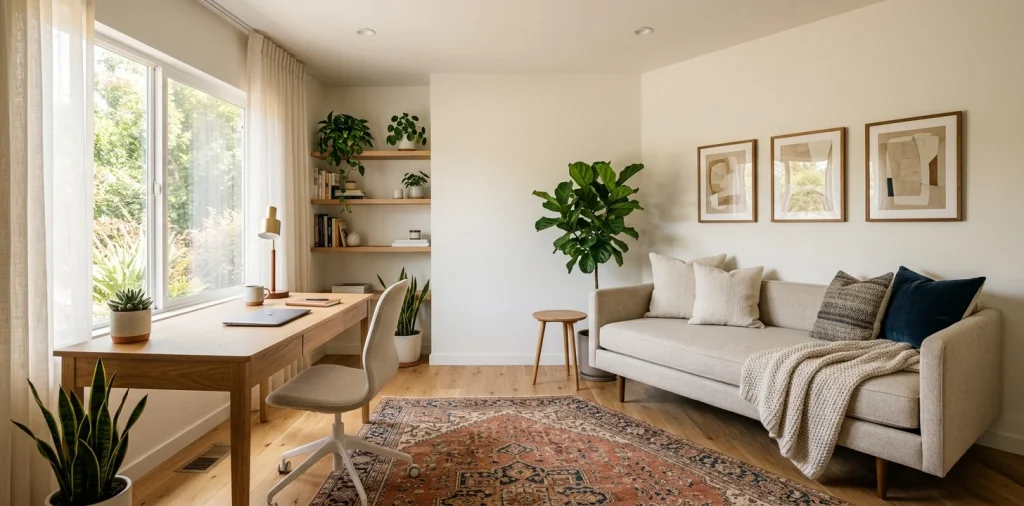 A beautifully styled dual-purpose home office and guest room featuring a daybed and modern desk setup.