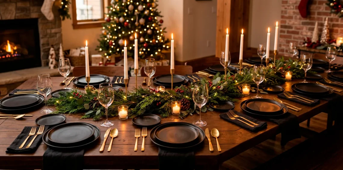 A modern dining table set with matte black plates, gold flatware, and a fresh evergreen runner.