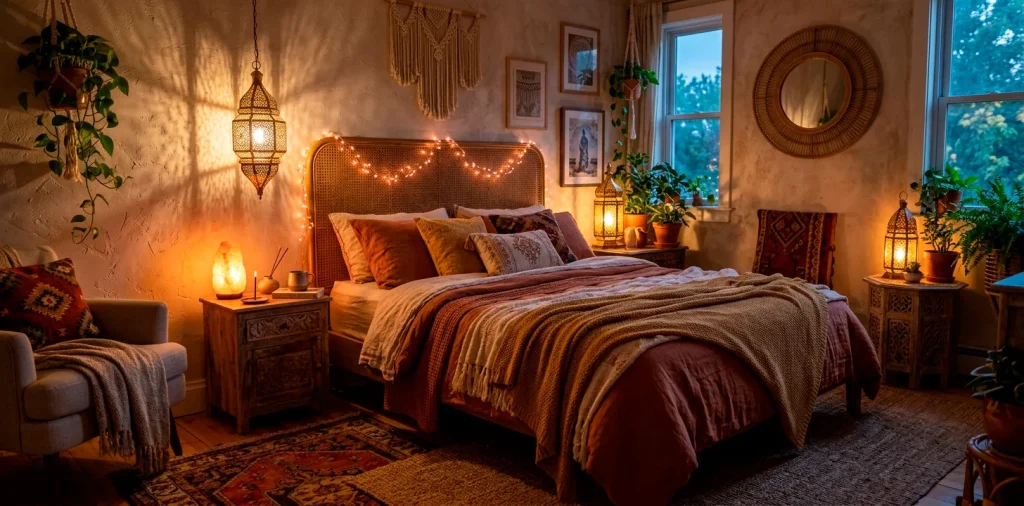 Cozy boho bedroom interior featuring glowing Moroccan lanterns, fairy lights, and warm ambient lighting.