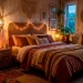 Cozy boho bedroom interior featuring glowing Moroccan lanterns, fairy lights, and warm ambient lighting.