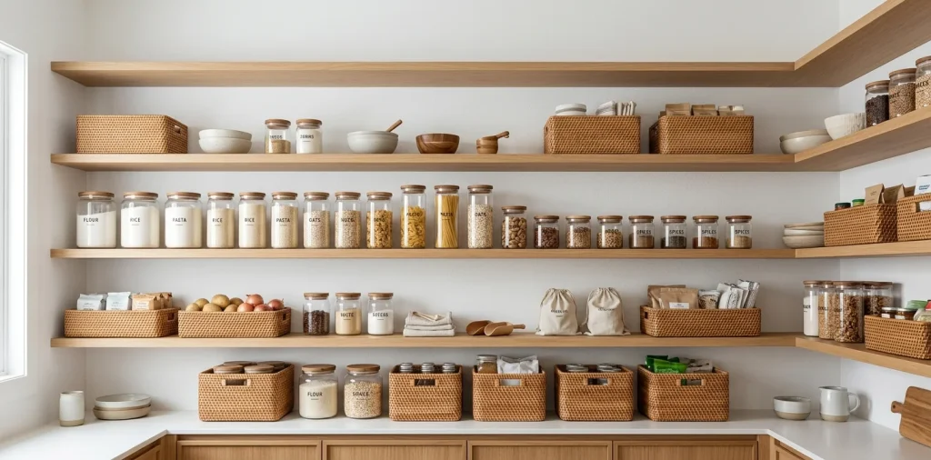 Beautifully organized Scandinavian pantry with light wood shelves, glass storage jars, and clean lines.