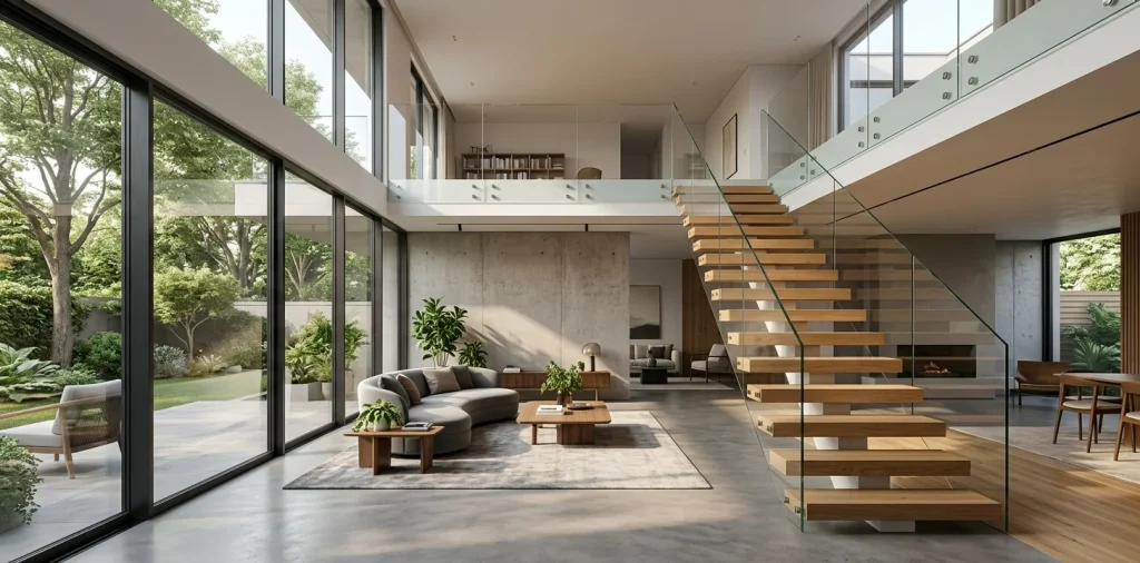 Modern floating wood staircase with glass railing in a bright duplex interior.