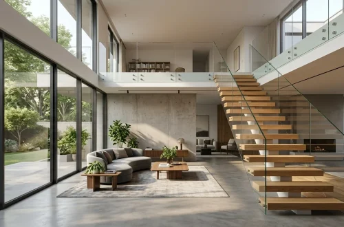 Modern floating wood staircase with glass railing in a bright duplex interior.
