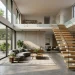 Modern floating wood staircase with glass railing in a bright duplex interior.