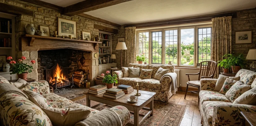 Cozy English country cottage living room with a roaring fireplace and overstuffed floral linen sofas