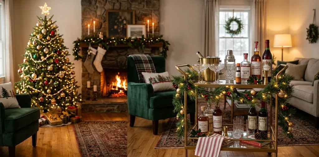 Festive bar cart decorated with crystal glassware, pine garlands, and holiday lights in a cozy living room