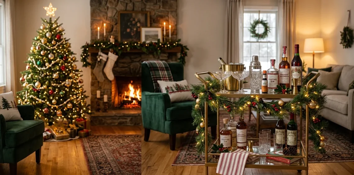 Festive bar cart decorated with crystal glassware, pine garlands, and holiday lights in a cozy living room