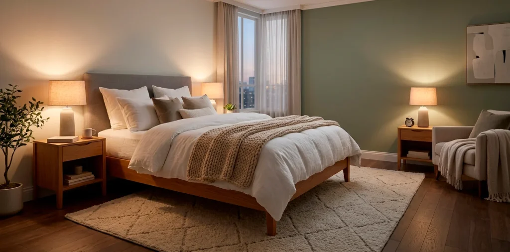 Cozy modern bedroom interior featuring layered linen bedding, warm ambient lighting, and rich textures for a serene atmosphere.
