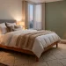 Cozy modern bedroom interior featuring layered linen bedding, warm ambient lighting, and rich textures for a serene atmosphere.
