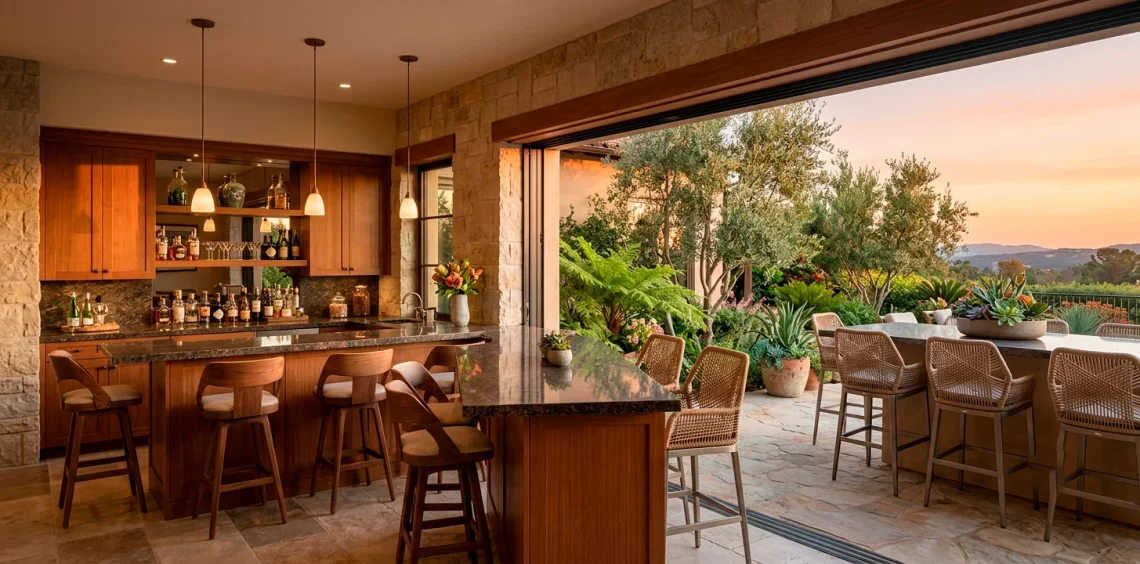 Seamless indoor-outdoor home bar with sliding windows and patio seating at sunset