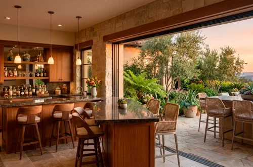 Seamless indoor-outdoor home bar with sliding windows and patio seating at sunset