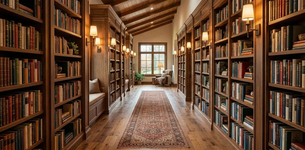 Cozy hallway converted into a beautiful home library with wooden shelves and warm sconce lighting