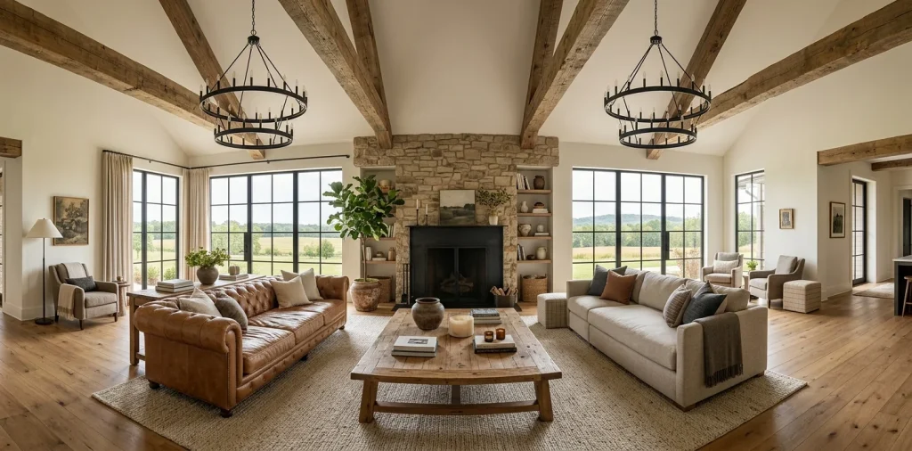 Modern farmhouse living room featuring reclaimed wood beams and matte black metal accents for an industrial chic vibe.