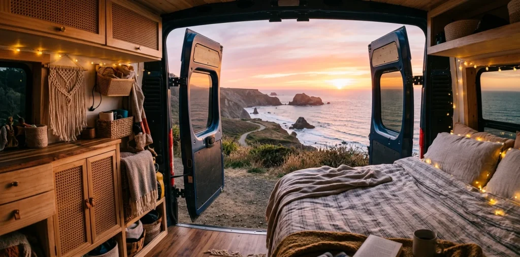 Cozy boho camper van interior with rattan cabinets and wicker baskets facing a coastal sunset