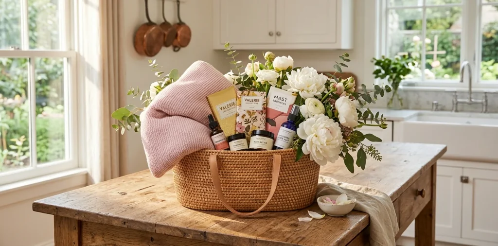 Luxurious Mother's Day gift basket on an oak kitchen island filled with chocolates, a plush blanket, and white peonies.