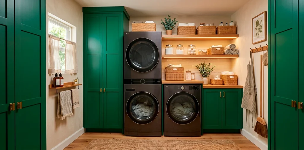 A beautifully organized tiny closet laundry room featuring stacked machines and warm wood shelving.