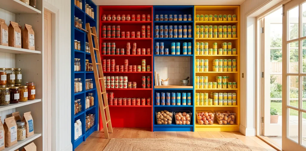 A vibrant kitchen pantry featuring red, blue, and yellow shelves neatly organizing food cans.