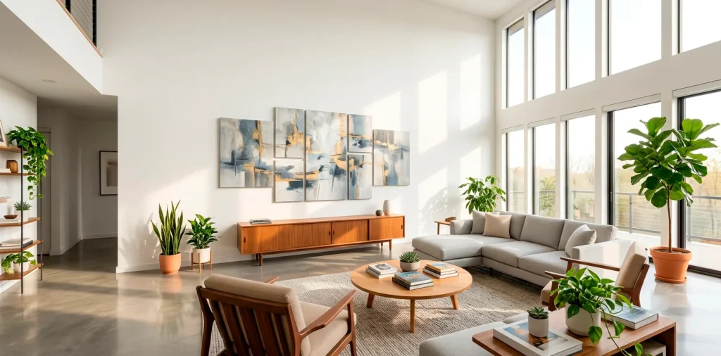 Large abstract wall art set hanging in a bright modern living room with double-height ceilings