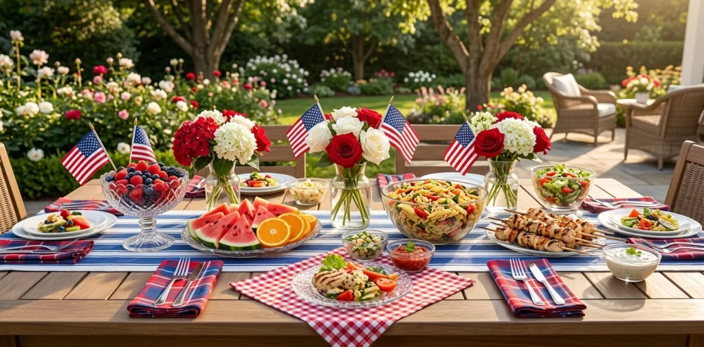 Memorial day outdoor patio table setting using glassware for food styling