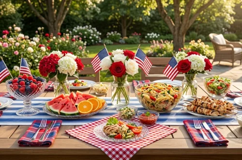 Memorial day outdoor patio table setting using glassware for food styling