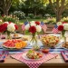Memorial day outdoor patio table setting using glassware for food styling