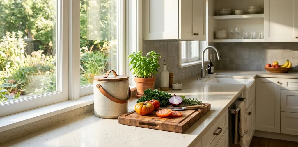 Elegant ceramic countertop compost bin sitting on a modern sunlit kitchen counter next to fresh vegetables.