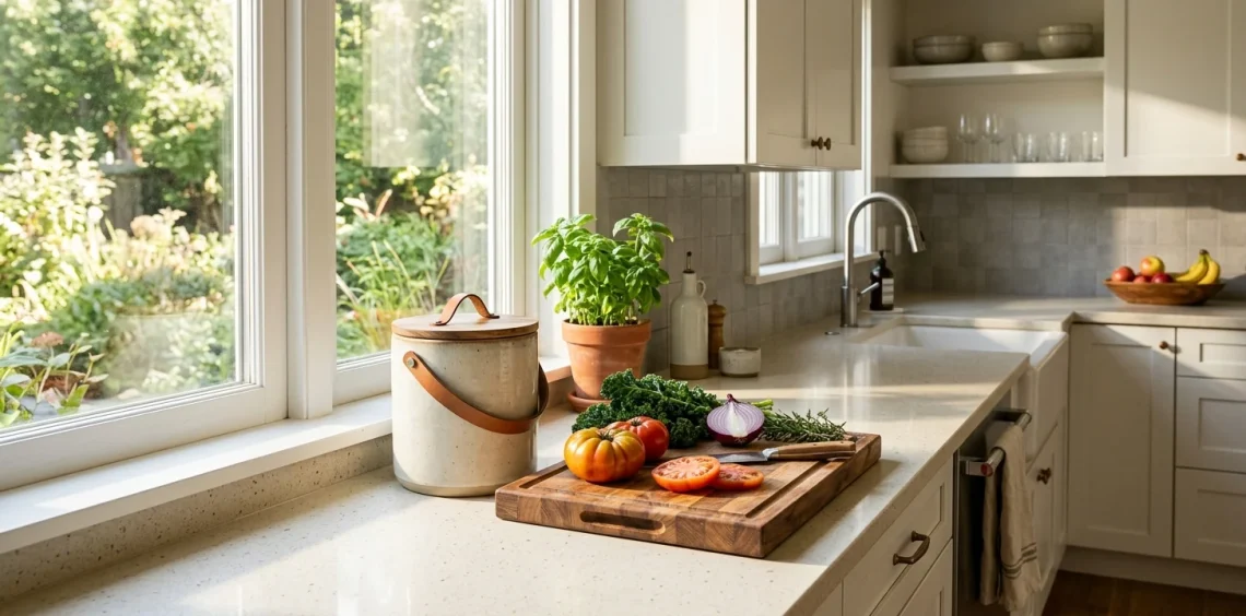Elegant ceramic countertop compost bin sitting on a modern sunlit kitchen counter next to fresh vegetables.