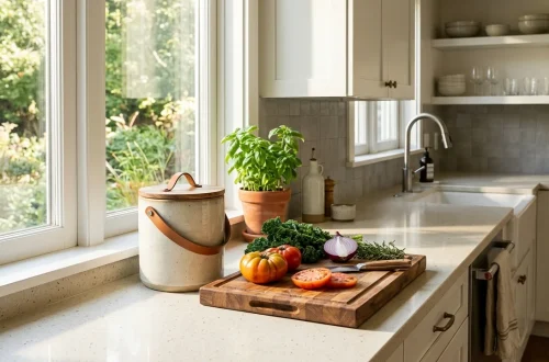 Elegant ceramic countertop compost bin sitting on a modern sunlit kitchen counter next to fresh vegetables.