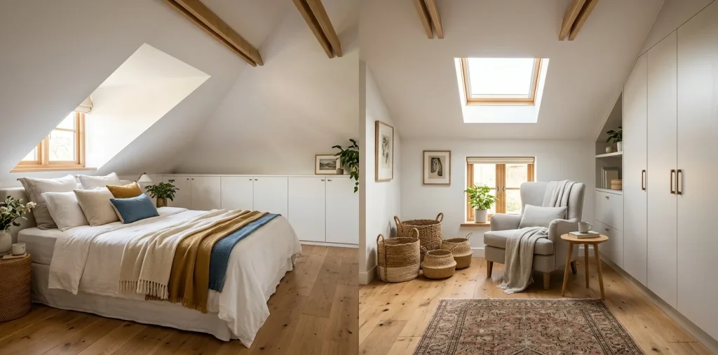 Beautifully renovated attic featuring white sloped ceilings, built-in storage cabinets, and warm sunlight.