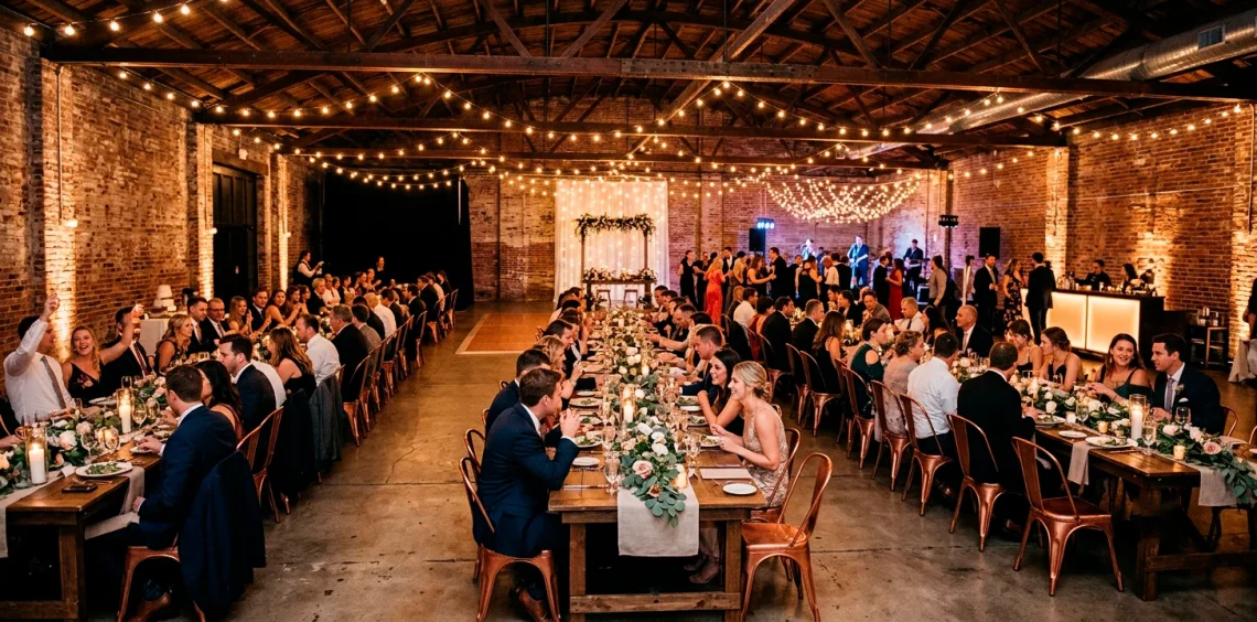 Chic industrial urban loft wedding reception showcasing exposed brick, long wooden tables, and warm ambient string lights.