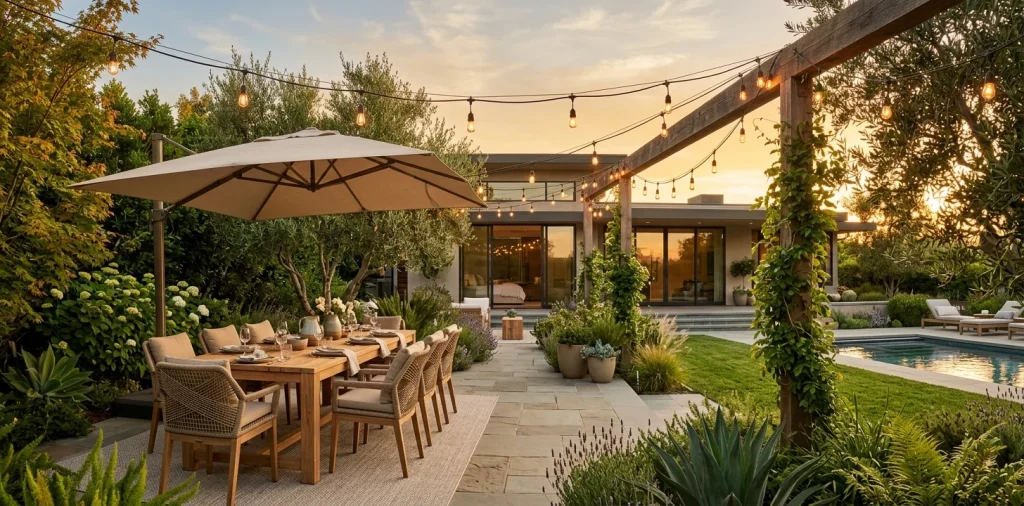 Wide view of a modern backyard patio featuring a large beige cantilever umbrella over a wooden dining set