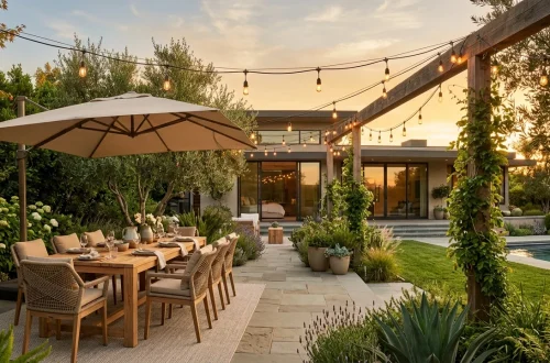 Wide view of a modern backyard patio featuring a large beige cantilever umbrella over a wooden dining set