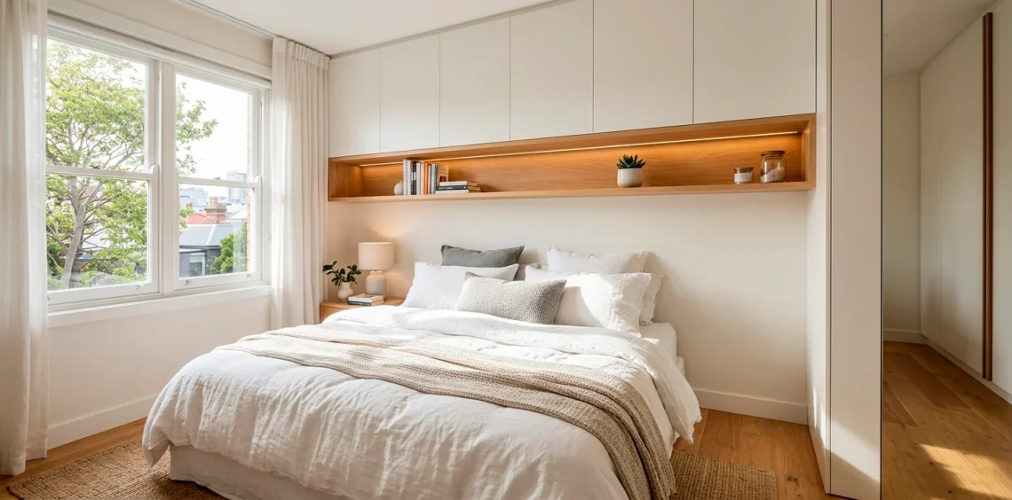 Wide view of a tiny bedroom using clever over-bed storage cabinets and shelves to maximize space