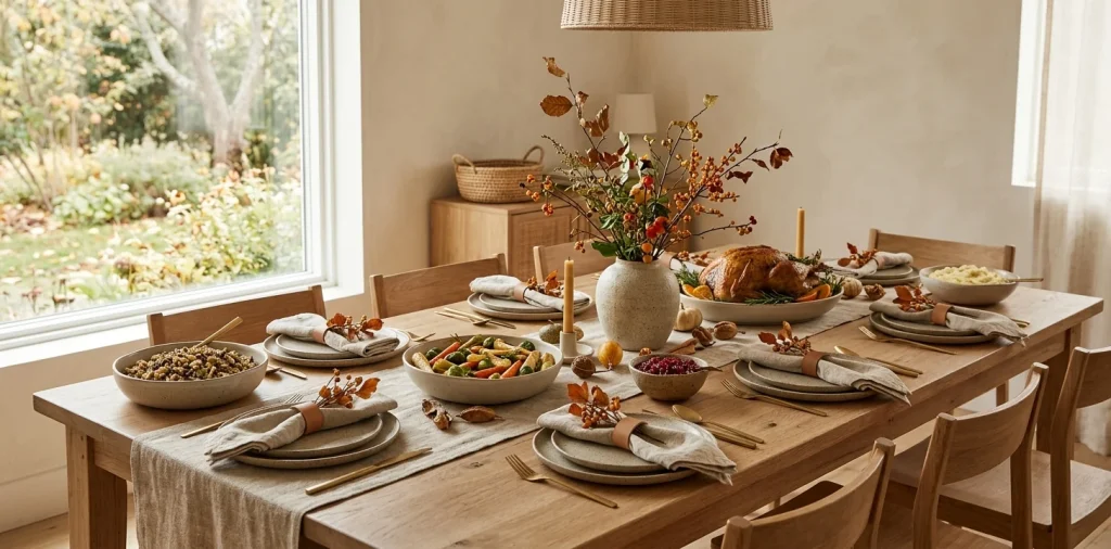 Japandi Thanksgiving tablescape featuring matte ceramic plates, organic bowls, and autumn foliage.
