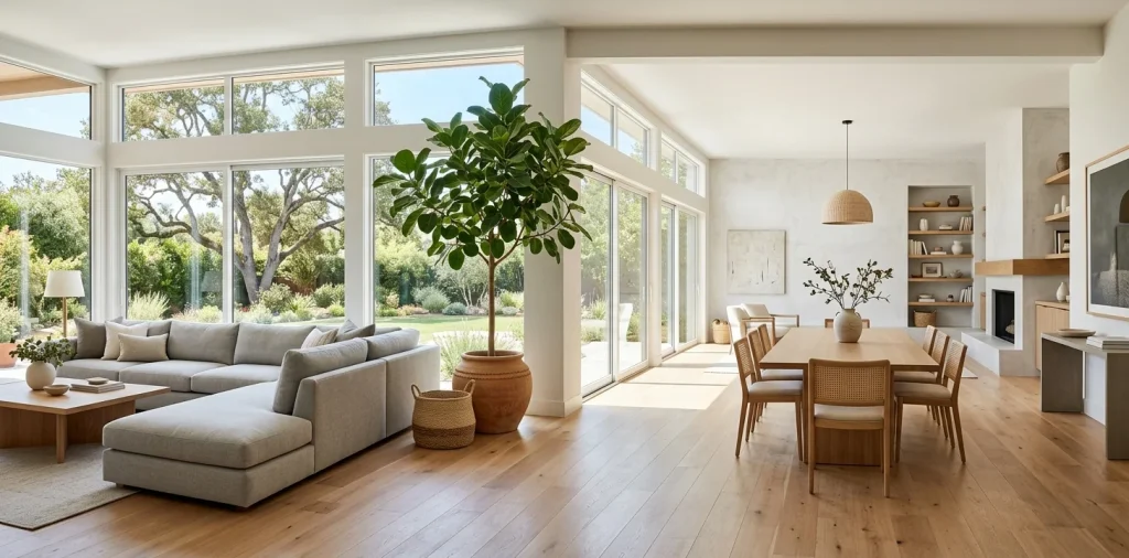 Large Ficus Audrey tree decorating a bright, open-concept modern living room