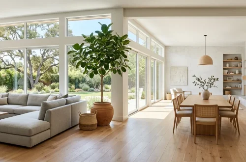Large Ficus Audrey tree decorating a bright, open-concept modern living room