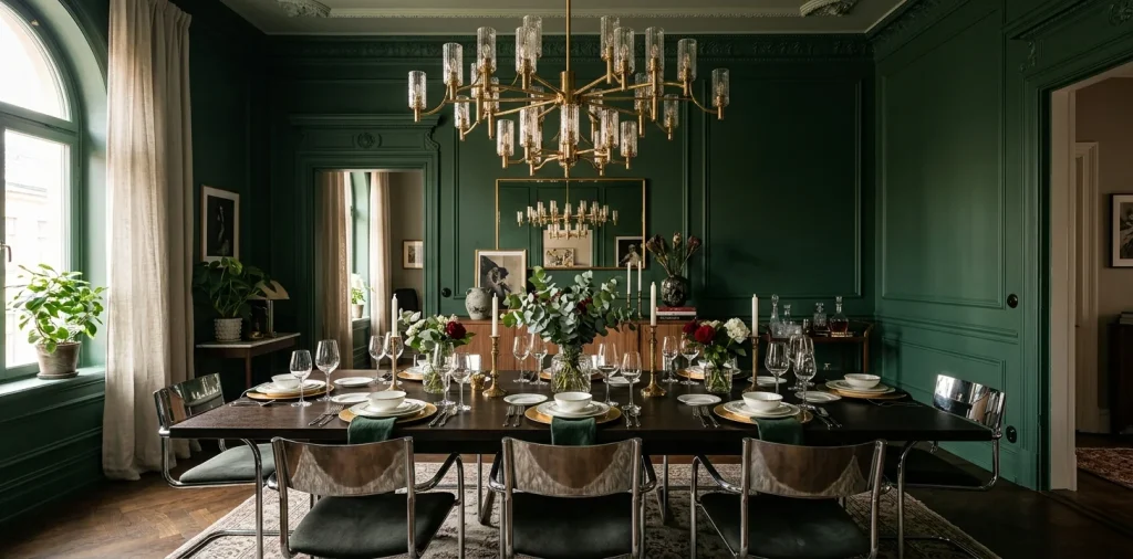 Luxurious green dining room decorated with sparkling brass, copper, and silver metallic accents