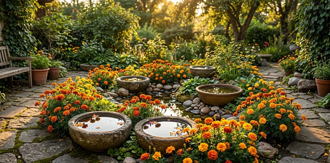 A sunny outdoor patio decorated with mini ponds and bright orange marigolds.